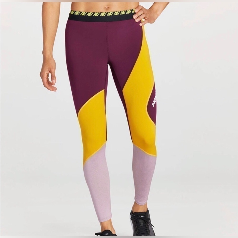 Hoka Hupana Performance Tights Workout Exercise Leggings Purple Yellow Small